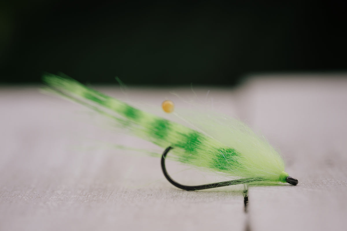 the Bendback Shrimp redfish fly in chartreuse colorway tied by Josh Idol of Two Aught Fly Fishing Co