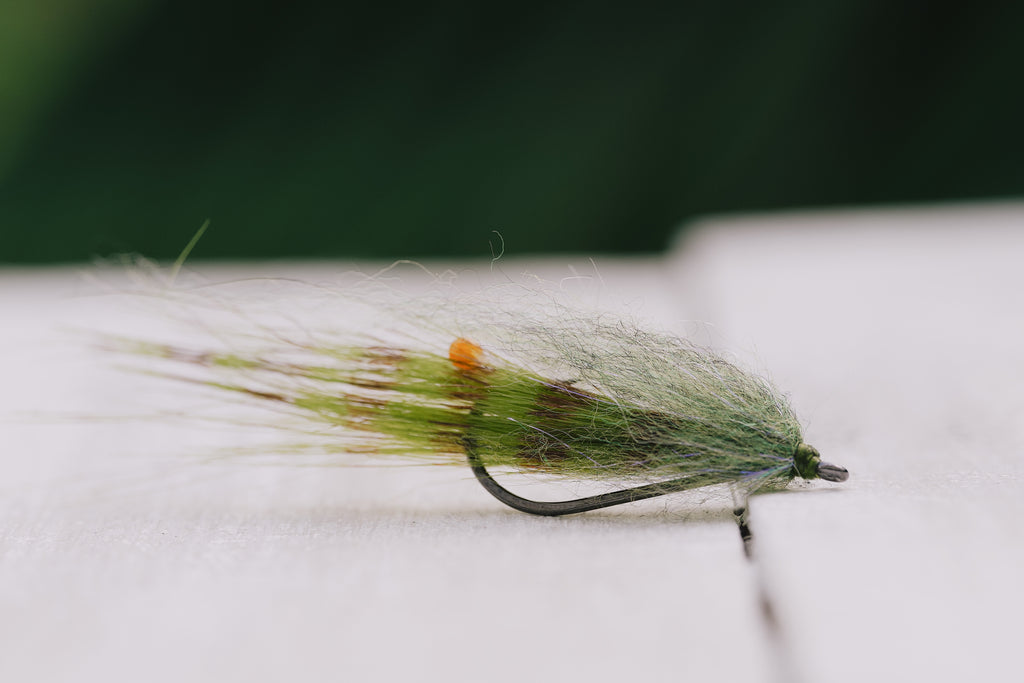 the Bendback Shrimp redfish fly in olive colorway tied by Josh Idol of Two Aught Fly Fishing Co
