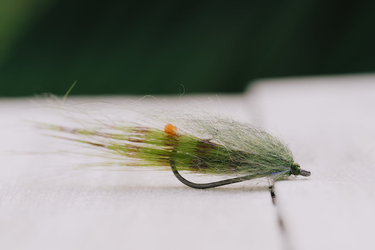 the Bendback Shrimp redfish fly in olive colorway tied by Josh Idol of Two Aught Fly Fishing Co