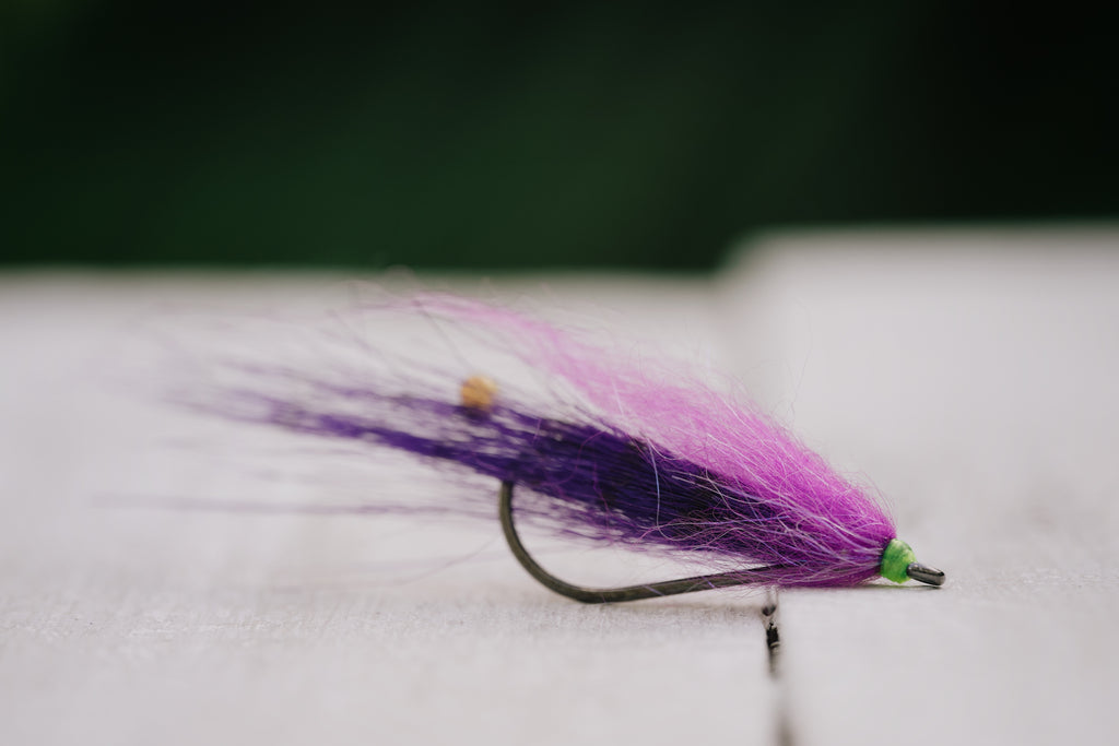 the Bendback Shrimp redfish fly in purple colorway tied by Josh Idol of Two Aught Fly Fishing Co