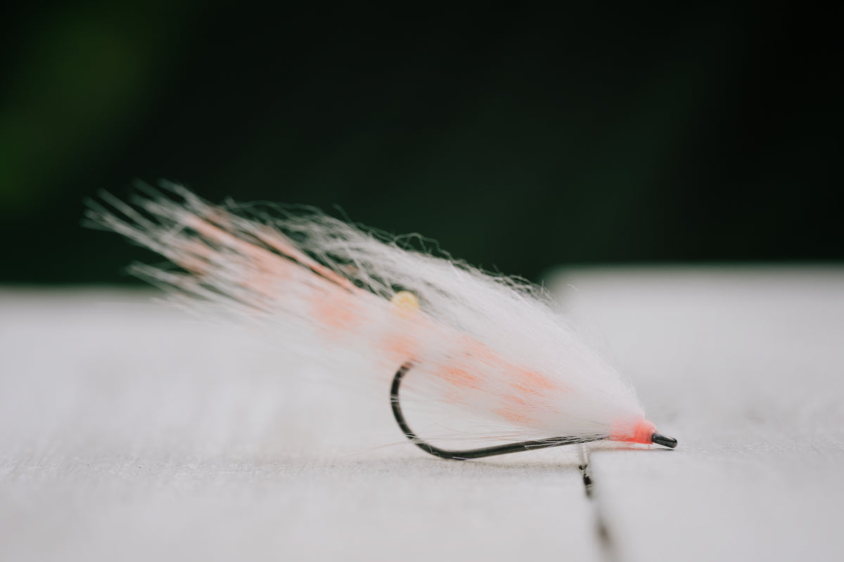 the Bendback Shrimp redfish fly in white colorway tied by Josh Idol of Two Aught Fly Fishing Co