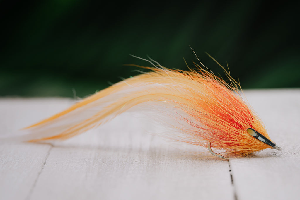the Beach Mullet tarpon fly in sunset colorway tied by Josh Idol of Two Aught Fly Fishing Co