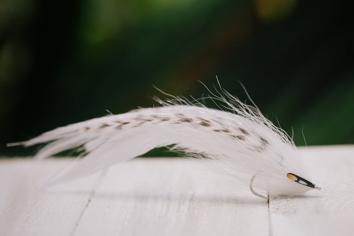 a closeup photo of the Beach Mullet tarpon fly in white colorway tied by Josh Idol at Two Aught Fly Fishing Co
