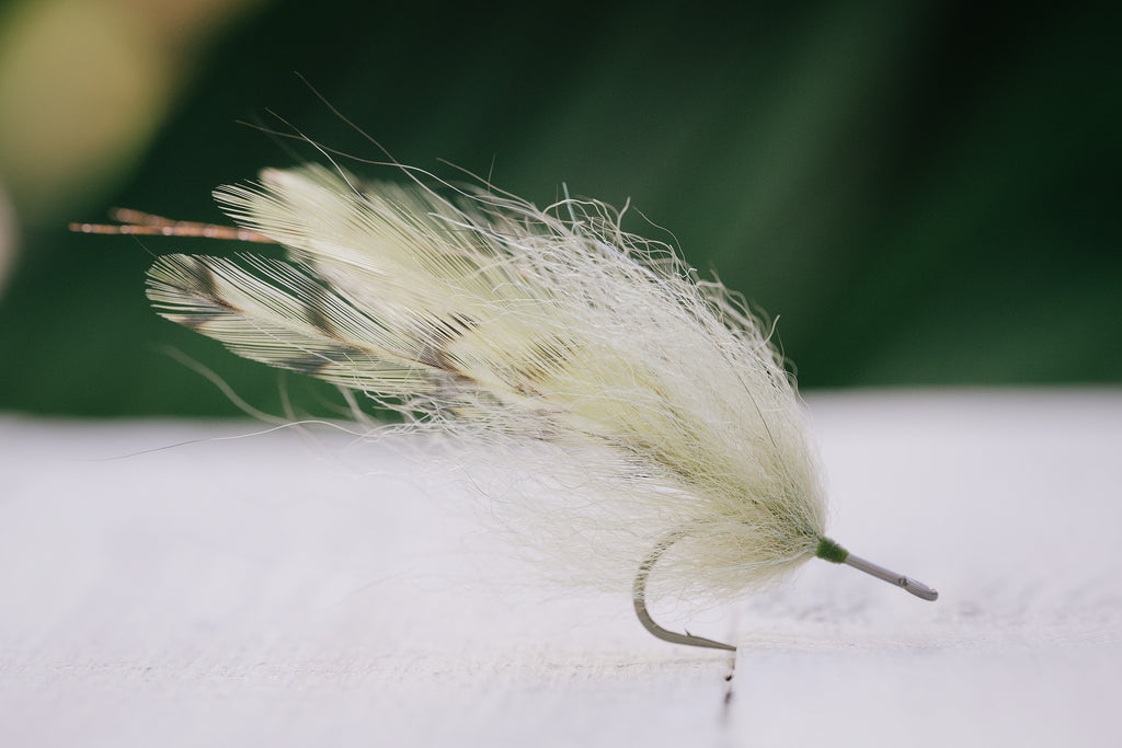 the Foxy Bug tarpon fly in olive colorway tied by Josh Idol of Two Aught Fly Fishing Co