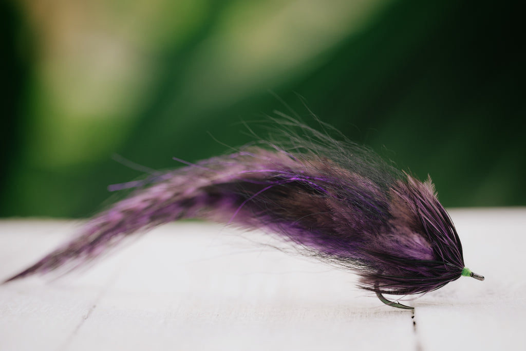 the Glades Fleye tarpon fly tied in black & purple colorway by Josh Idol of Two Aught Fly Fishing Co