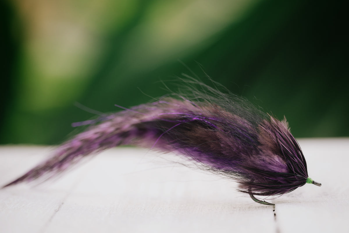 the Glades Fleye tarpon fly tied in black & purple colorway by Josh Idol of Two Aught Fly Fishing Co