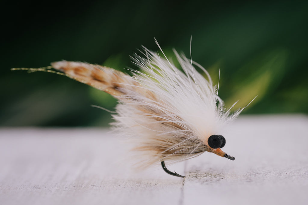 a closeup photo of the Shrimy tarpon fly with foam eyes tied by Josh Idol of Two Aught Fly Fishing Co