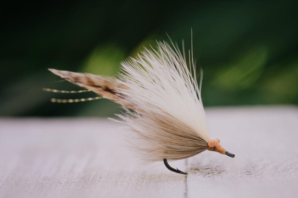 a closeup photo of the Shrimpy tarpon fly tied by Josh Idol of Two Aught Fly Fishing Co