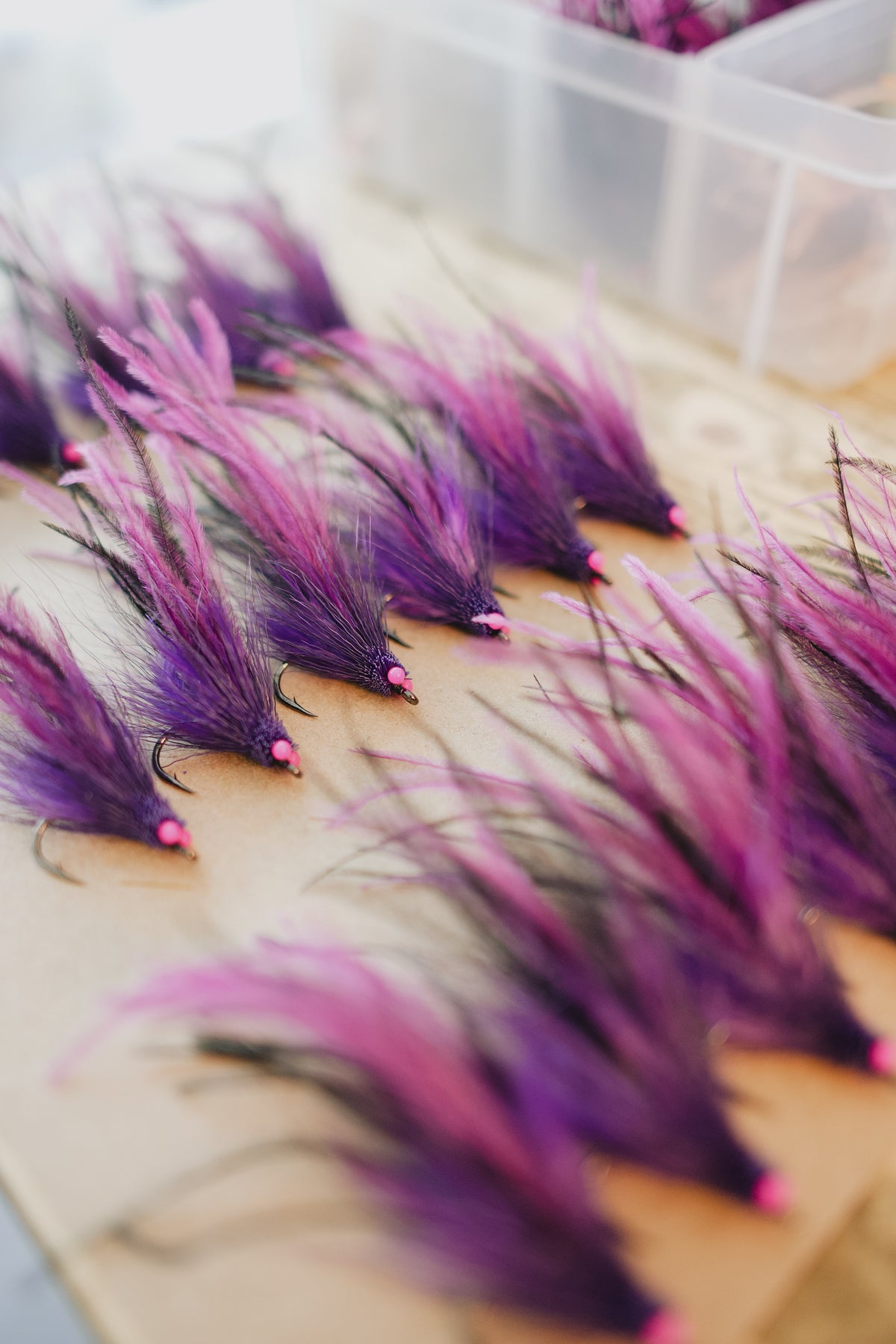 a group of the Mouse tarpon flies from Two Aught Fly Fishing Co in production for a custom order