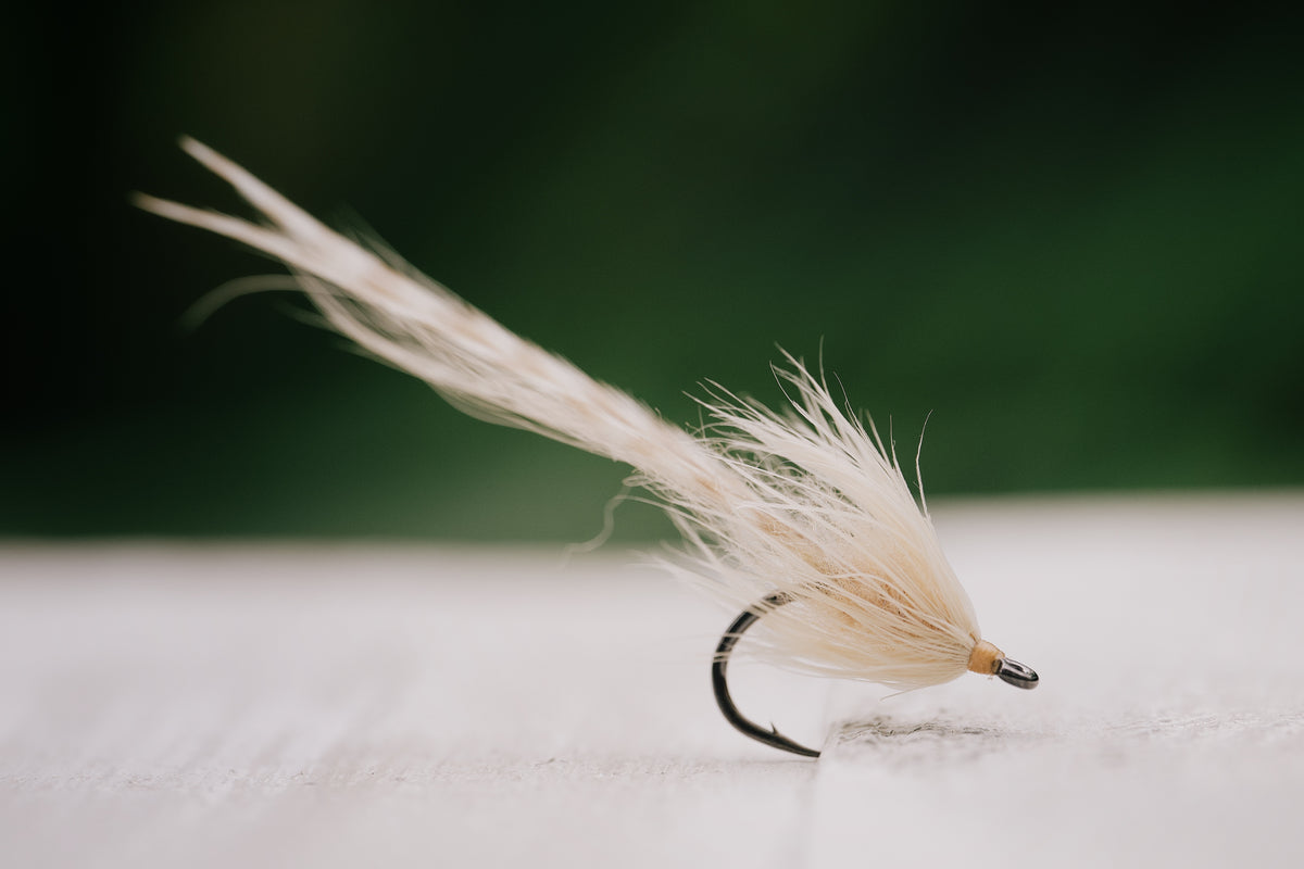 a closeup of the Worm tarpon fly in Bone colorway